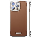 Husă iPhone 15 din piele PU maro, design modern fără margini, vedere frontală și spate