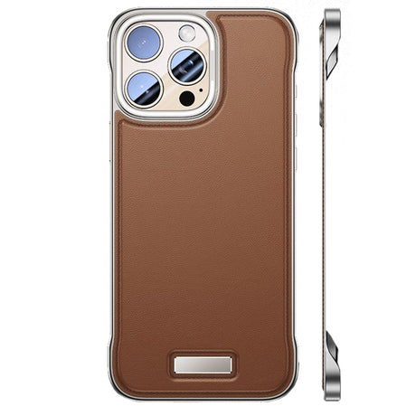 Husă iPhone 15 din piele PU maro, design modern fără margini, vedere frontală și spate