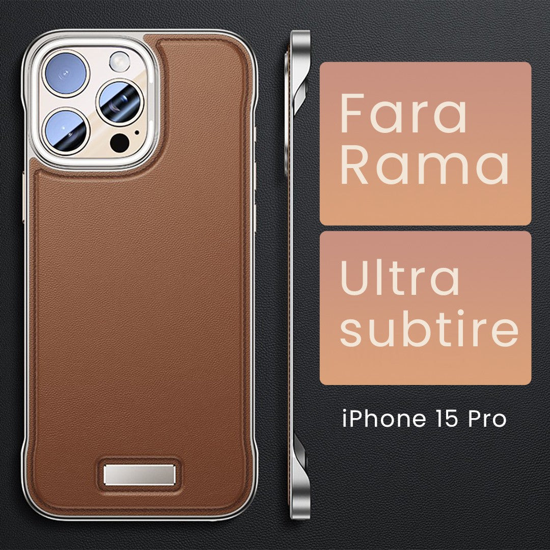 Husă de protecție iPhone 15 Pro piele PU maro, detaliu decupaje butoane și cameră