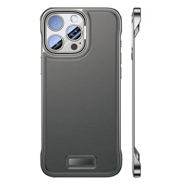 Husă iPhone 15 Pro Max din piele PU gri, design modern fără margini, profil subțire, vedere frontală