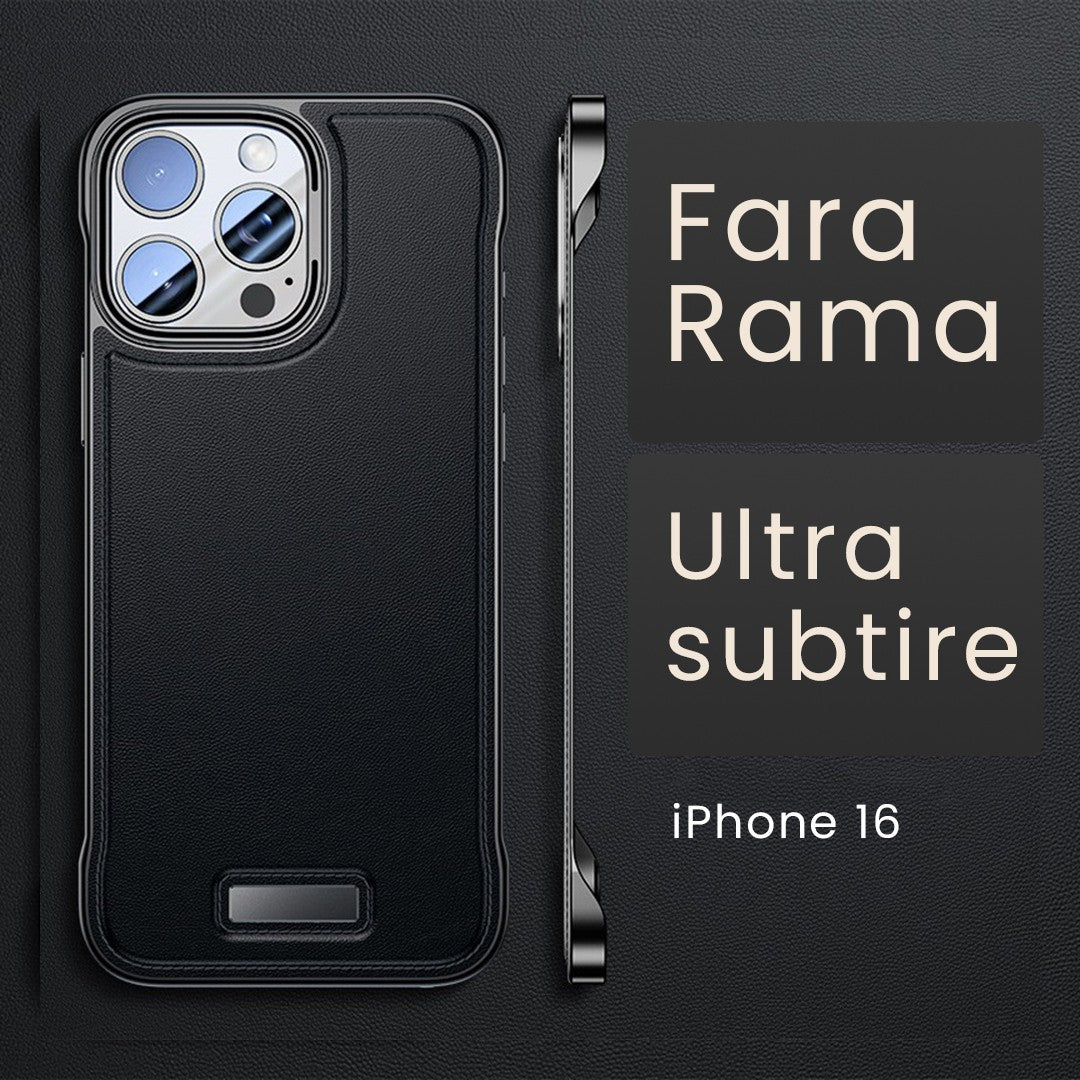 Detaliu husă iPhone 16 neagră din piele PU, decupaje precise pentru cameră și butoane laterale