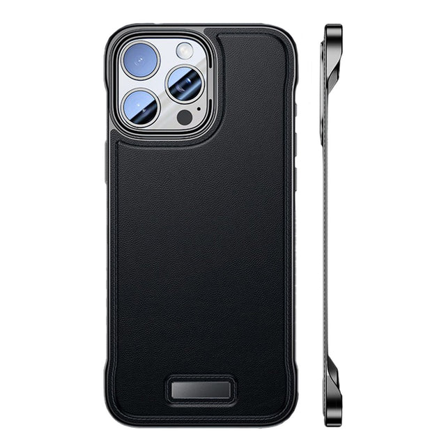 Husă iPhone 16 din piele PU neagră, design subțire fără margini, vedere frontală și spate