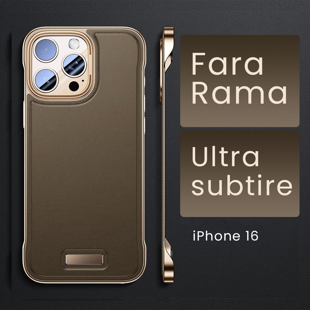 Detaliu husă iPhone 16 piele PU Desert Gold, decupaje precise pentru cameră și butoane
