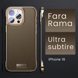 Detaliu husă iPhone 16 piele PU Desert Gold, decupaje precise pentru cameră și butoane