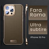 Detaliu husă iPhone 16 Pro Desert Gold din piele PU, decupaje precise pentru cameră și butoane