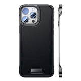 Husă iPhone 16 Pro din piele PU neagră, design modern fără margini, vedere frontală și spate