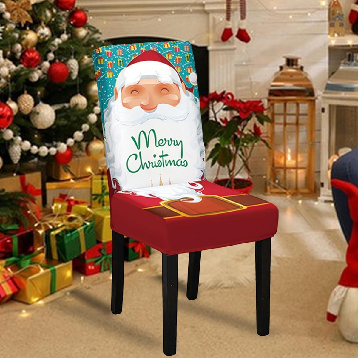 Husa pentru scaun, Vivimall, Tematica Craciun, Model 3 Merry Christmas, Alb/Albastru - vivimall.ro