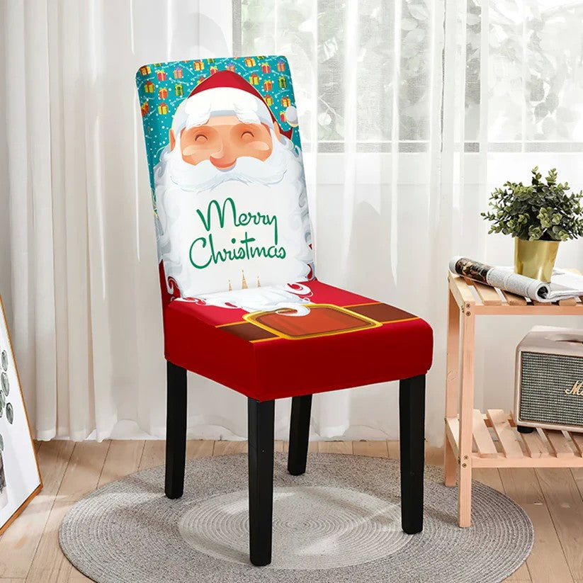 Husa pentru scaun, Vivimall, Tematica Craciun, Model 3 Merry Christmas, Alb/Albastru - vivimall.ro