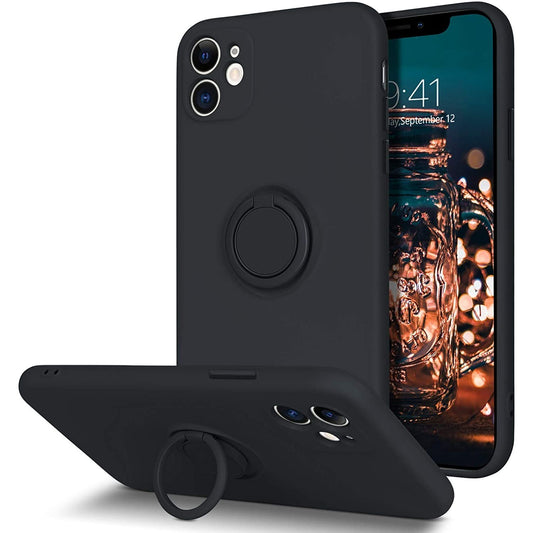 Husa protectie Vivimall compatibila cu Apple iPhone 11 Liquid Silicone Ring cu suport rotativ Negru - vivimall.ro