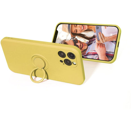 Husa protectie Flippy compatibila cu Apple iPhone 11 Pro Liquid Silicone Ring cu suport rotativ Galben - vivimall.ro