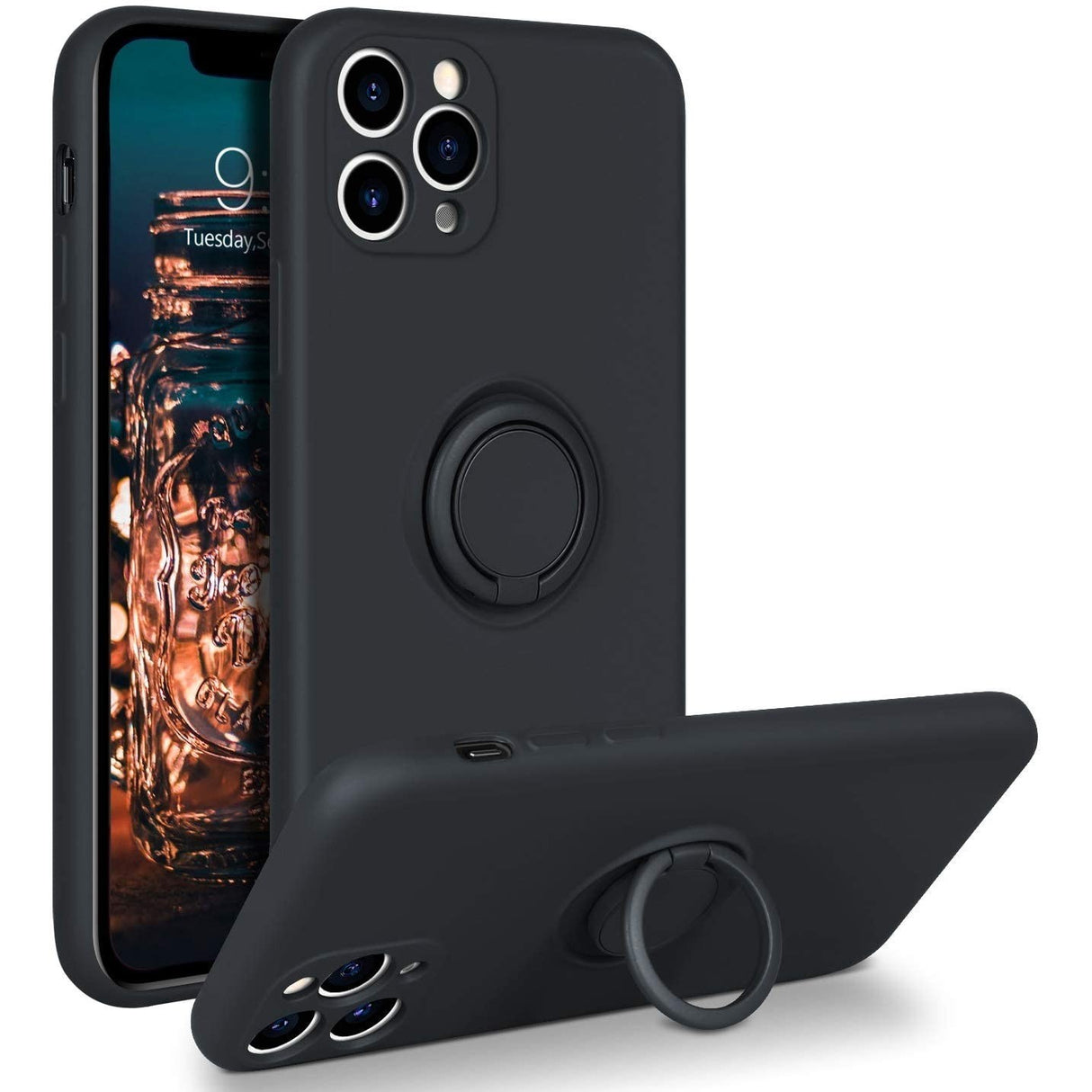 Husa protectie Flippy compatibila cu Apple iPhone 11 Pro Liquid Silicone Ring cu suport rotativ Negru - vivimall.ro