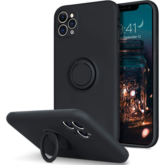 Husa protectie Vivimall compatibila cu Apple iPhone 11 Pro Max Liquid Silicone Ring cu suport rotativ Negru - vivimall.ro