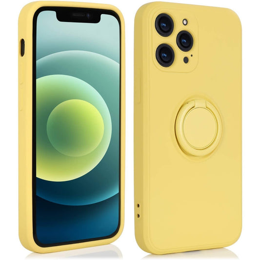 Husa protectie Vivimall compatibila cu Apple iPhone 12 Liquid Silicone Ring cu suport rotativ Galben - vivimall.ro