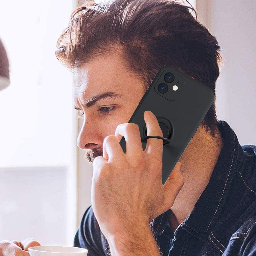 Husa protectie Flippy compatibila cu Apple iPhone 12 Mini Liquid Silicone Ring cu suport rotativ Negru - vivimall.ro