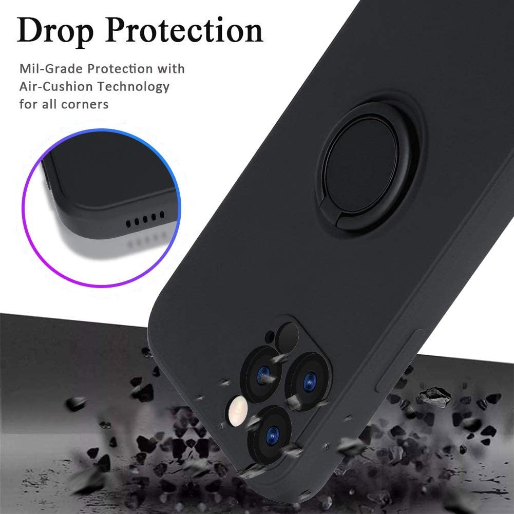 Husa protectie Flippy compatibila cu Apple iPhone 12 Pro Liquid Silicone Ring cu suport rotativ Negru - vivimall.ro