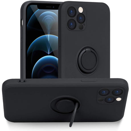 Husa protectie Flippy compatibila cu Apple iPhone 12 Pro Liquid Silicone Ring cu suport rotativ Negru - vivimall.ro