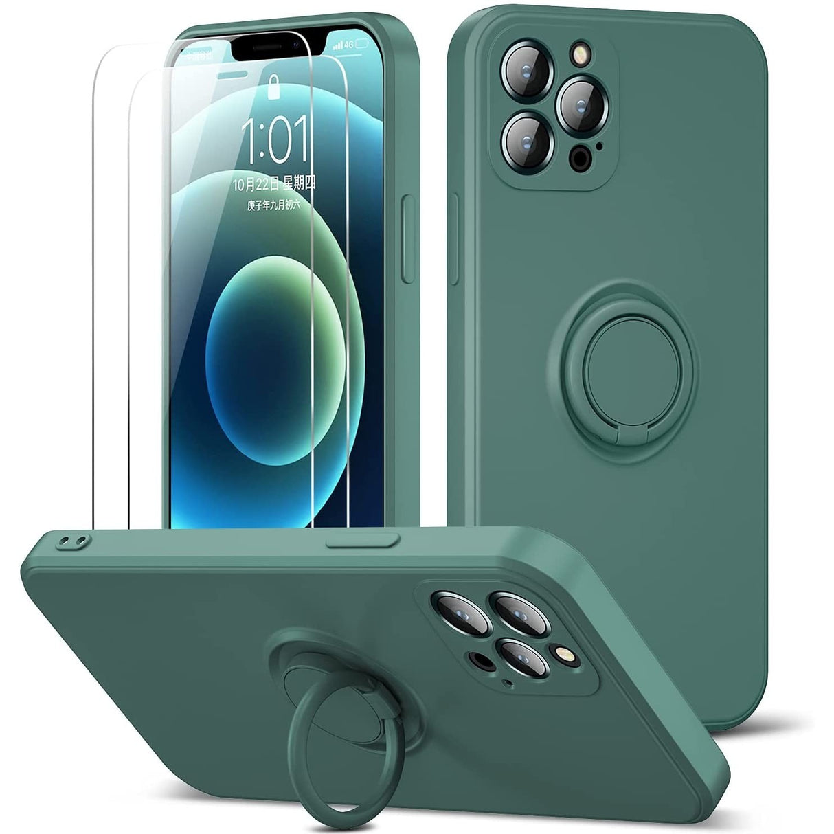 Husa protectie Flippy compatibila cu Apple iPhone 12 Pro Liquid Silicone Ring cu suport rotativ Verde - vivimall.ro