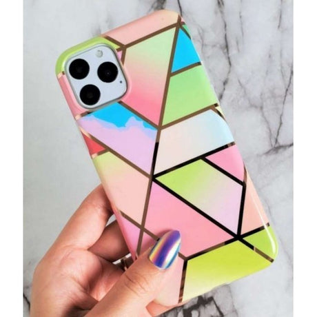Husă iPhone 12 Pro Marble Geometric roz, detaliu decupaj cameră ridicat și porturi laterale