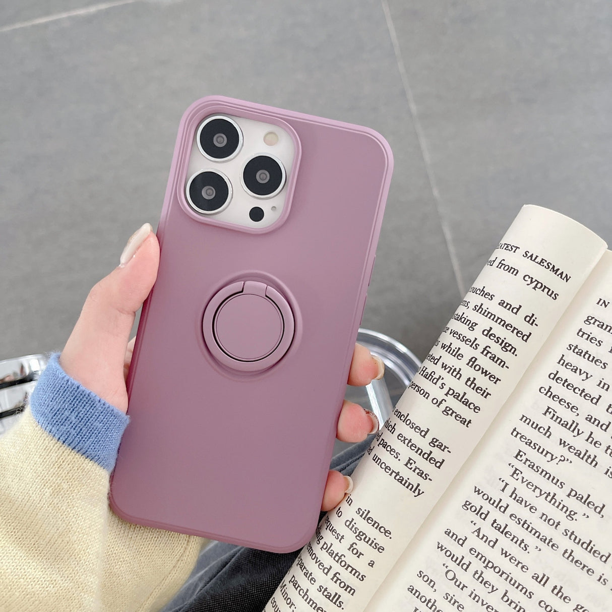 Husa protectie Flippy compatibila cu Apple iPhone 13 Pro Liquid Silicone Ring cu suport rotativ Mov - vivimall.ro