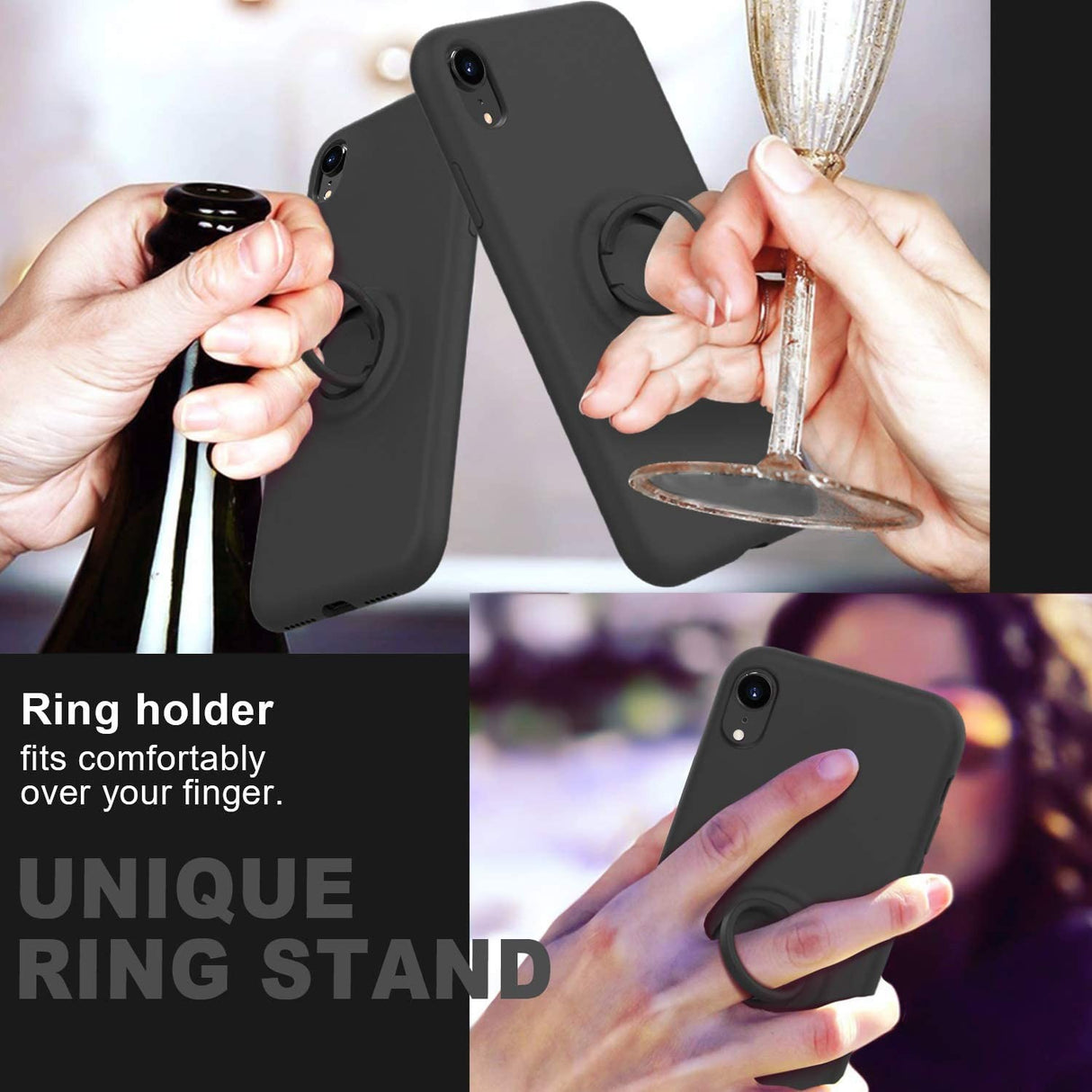 Husa protectie Flippy compatibila cu Apple iPhone XR Liquid Silicone Ring cu suport rotativ Negru - vivimall.ro