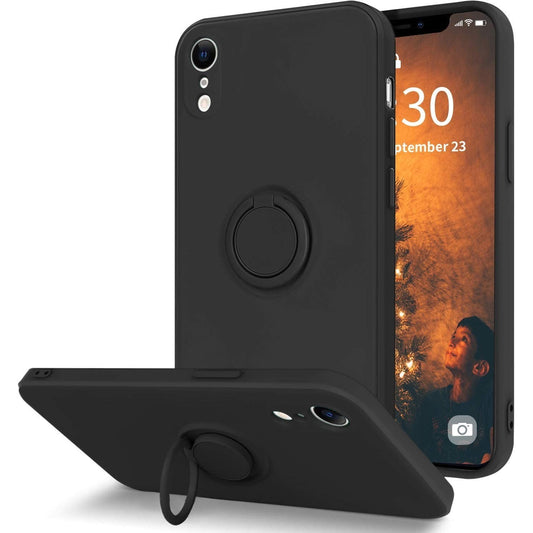 Husa protectie Vivimall compatibila cu Apple iPhone XR Liquid Silicone Ring cu suport rotativ Negru - vivimall.ro