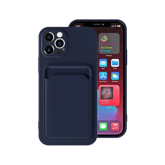 Husa protectie Vivimall cu suport card compatibila cu Apple iPhone 12 Pro Albastru inchis - vivimall.ro