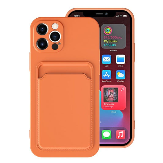 Husa protectie Vivimall cu suport card compatibila cu Apple iPhone 13 Pro Portocaliu - vivimall.ro