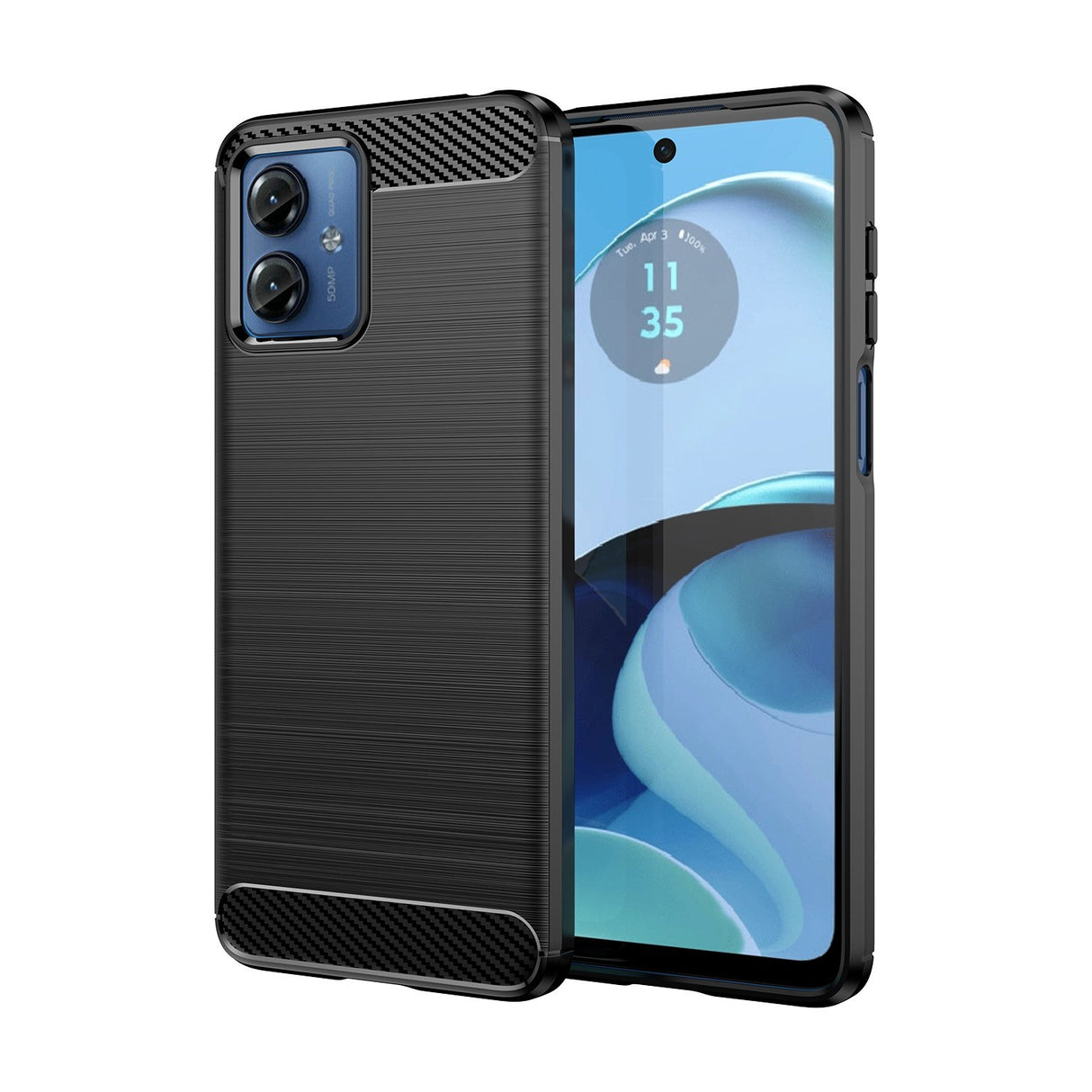 Detaliu textură carbon husă Moto G14 TPU, suprafață anti-alunecare, vedere spate