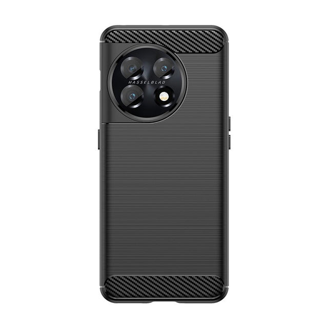 Husă silicon TPU OnePlus 11 cu textură periată și element carbon negru, vedere frontală
