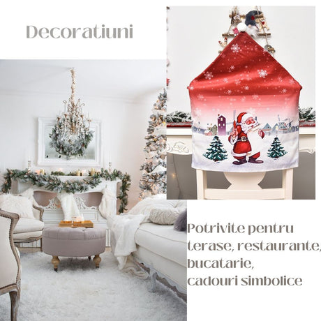 Husă scaun Crăciun roșie 61x47 cm din textil/poliester, detaliu motive festive imprimate