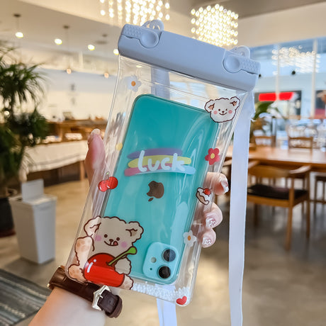 Husa subacvatica Fruity Waterproof Flippy, Snowproof, Universala, Impermeabila, cu Snur, pentru telefon sau documente, Cherry Bear, Alb - vivimall.ro