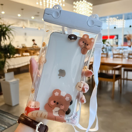 Husa subacvatica Fruity Waterproof Flippy, Snowproof, Universala, Impermeabila, cu Snur, pentru telefon sau documente, Pan Bear, Alb-Transparent - vivimall.ro