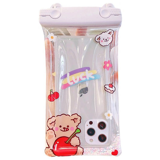 Husa subacvatica Fruity Waterproof Flippy, Snowproof, Universala, Impermeabila, cu Snur, pentru telefon sau documente, Cherry Bear, Alb - vivimall.ro