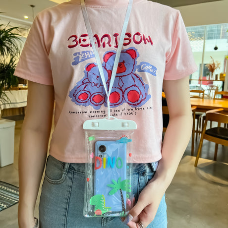 Husa subacvatica Glitter Kids Waterproof Flippy, Snowproof, Universala, cu Snur, pentru telefon sau documente, Dino, Alb - vivimall.ro