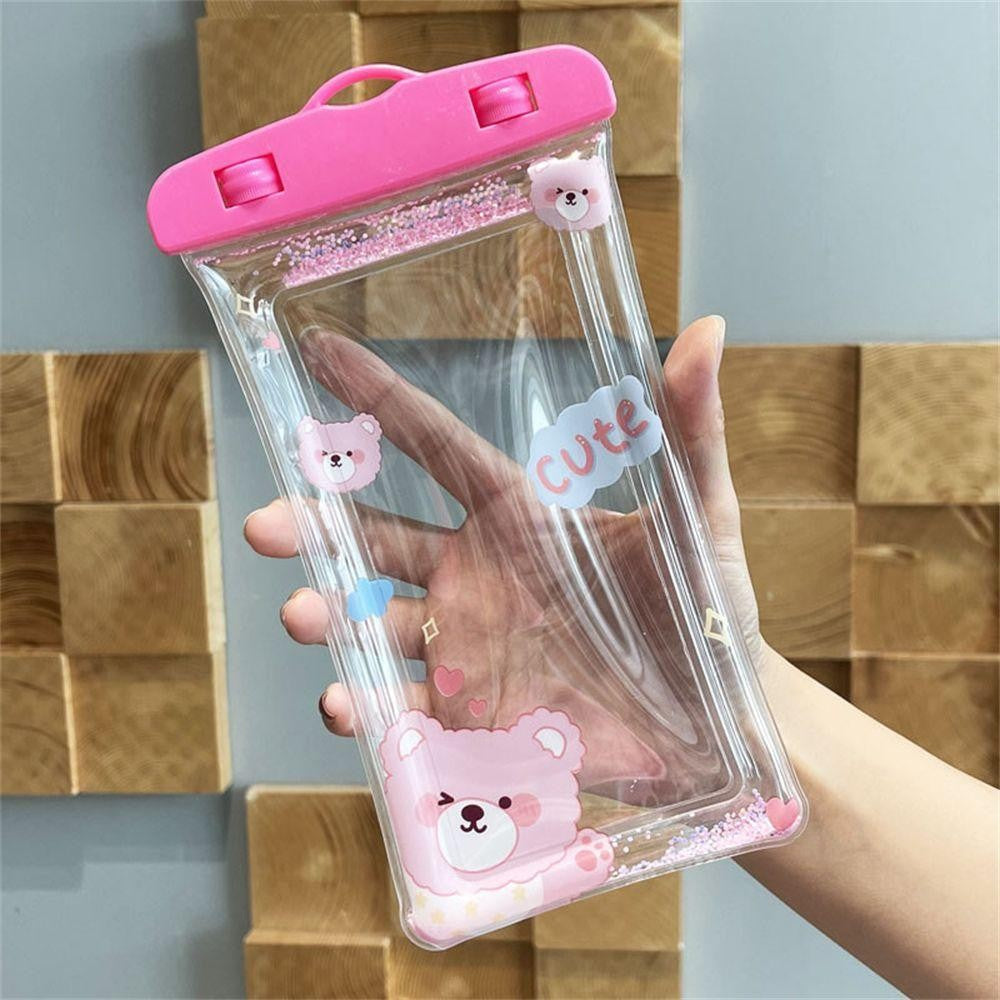 Husa subacvatica Glitter Kids Waterproof Flippy, Snowproof, Universala, cu Snur, pentru telefon sau documente, Cute Bear, Roz - vivimall.ro