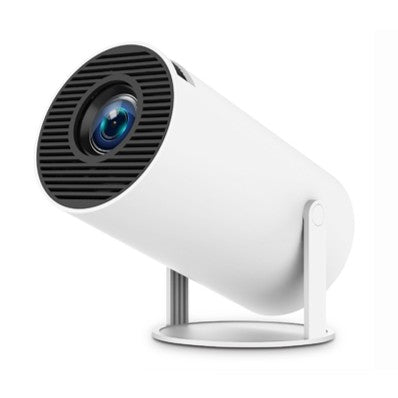 Video proiector portabil HY300PRO alb, design cilindric compact, vedere frontală