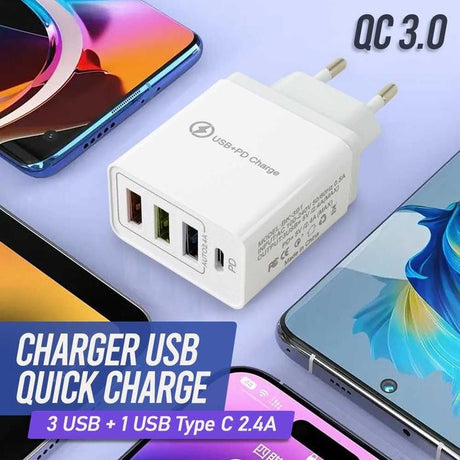 Detaliu porturi USB-A 3.1A și USB-C Power Delivery ale încărcătorului Fast Charge 32W Vivimall, alb