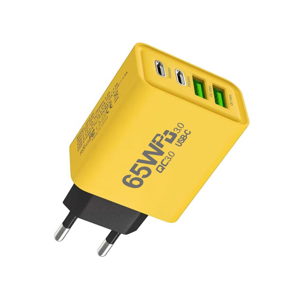 Detaliu porturi USB-A 3.1A și USB-C Power Delivery 65W ale încărcătorului galben