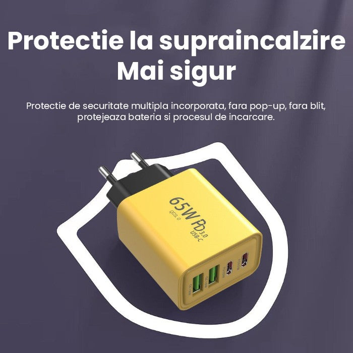 Încărcătorul Fast Charge 65W galben încărcând simultan smartphone și tabletă
