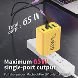 Detaliu carcasă galbenă și design compact al încărcătorului multi-port 65W