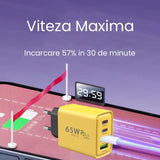Încărcător Fast Charge 65W galben, vedere laterală cu mufă standard europeană