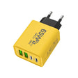 Încărcător Fast Charge 65W galben cu 4 porturi USB-A și USB-C, vedere frontală