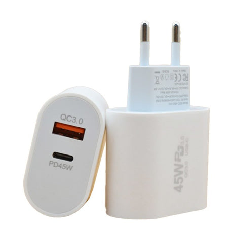 Încărcător Fast Charge Vivimall 45W dual port USB-A și USB-C, design compact alb, vedere frontală