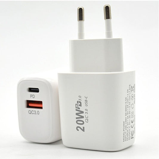 Incarcator Fast Charging pentru Telefon, Vivimall, Dual Port USB-A si USB-C cu Cap de Incarcare Standard European, Power Delivery 20W Q.C 3.0, Alb - vivimall.ro
