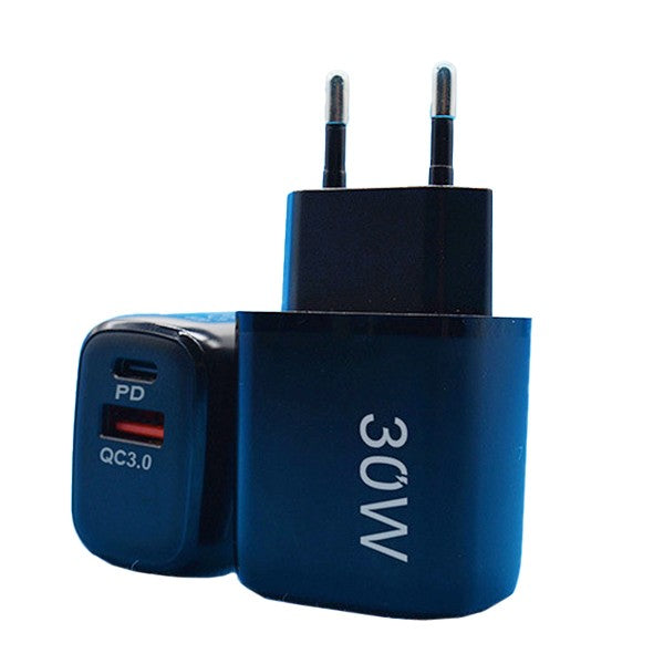 Încărcător Fast Charging Vivimall 30W negru, dual port USB-A și USB-C, vedere frontală cu priză europeană