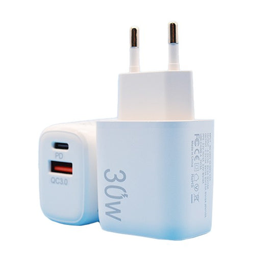 Incarcator Fast Charging pentru Telefon, Vivimall, Dual Port USB-A si USB-C cu Cap de Incarcare Standard European, 30W Q.C 3.0, Alb - vivimall.ro