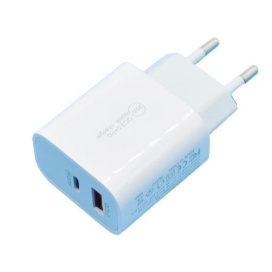 Incarcator Fast Charging QC 3.0, Vivimall, Dual Port USB-A si USB-C cu Cap de Incarcare Standard European, 20 W, fara Cablu, Alb - vivimall.ro
