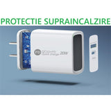 Încărcător rapid 20W Vivimall alb, vedere laterală cu dimensiuni 9,5 x 5,3 x 5,8 cm