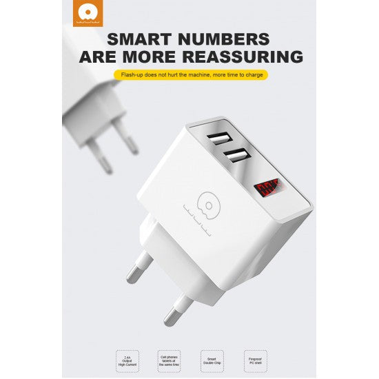 Incarcator Retea Flippy, 2.4A, 2 porturi USB, cu afisaj led WUW-C82, Alb - vivimall.ro