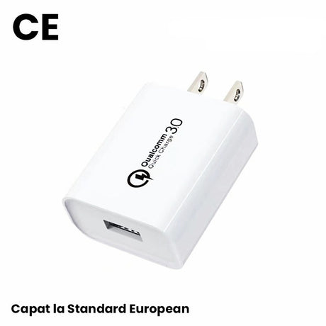 Încărcător rapid Vivimall 18W QC 3.0 cu capat european standard, culoare albă, detaliu conector
